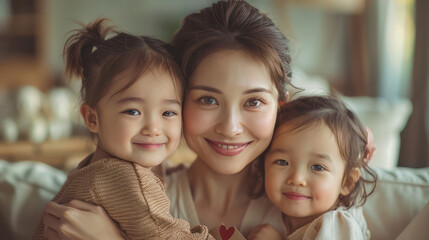 A woman is holding her two young daughters, both of whom are smiling