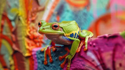 A closeup of a tiny frog perched on a spraypainted flower its bright green skin blending in with the colorful graffiti background.