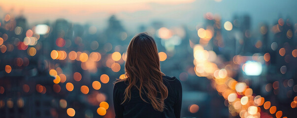 Woman gazing out over a blurred cityscape from a high vantage point her expression reflecting the complexity of city life's emotions
