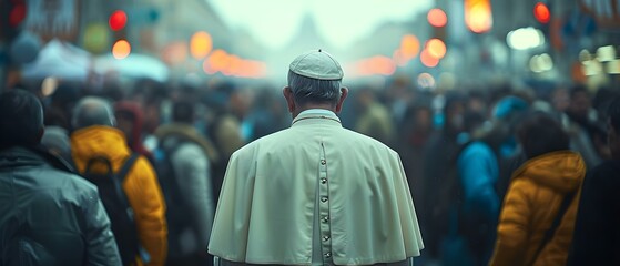 Photo of pope greeting people with his back turned to camera. Concept Religious Ceremony, Papal Blessing, Vatican City, Historical Moment, Catholic Leader - obrazy, fototapety, plakaty