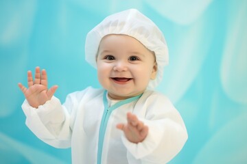 Cute little baby dressed like doctor isolated on blue background