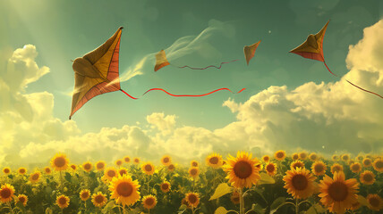 Kites flying over a sunflower field against a sunny sky with fluffy clouds.