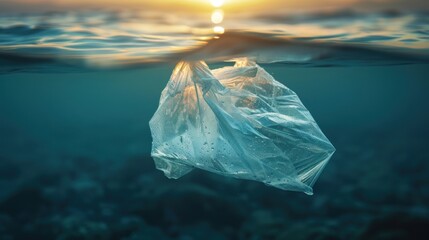 A solitary plastic bag floats under the ocean's surface against the backdrop of a sunset, symbolizing pollution.