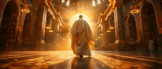 Pope walking gracefully through radiant cathedral hallways with blessing light shining behind. Concept Religious, Graceful, Cathedral, Light, Pope - obrazy, fototapety, plakaty