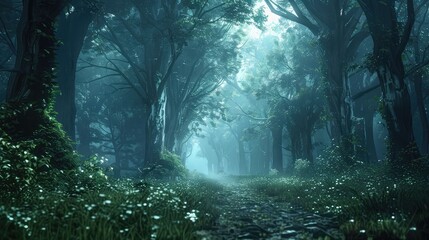 An enchanting forest scene blanketed in mist, with towering trees reaching towards the sky and mysterious pathways leading into the unknown.