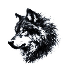 wolf face grunge texture, view from side - black on white background (artwork 2)