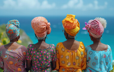 Four women wearing colorful head scarves are standing on a beach