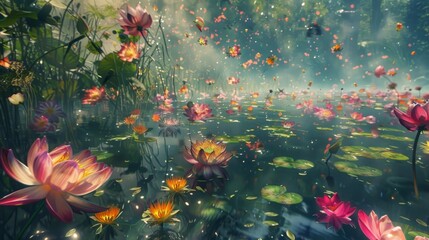 The peaceful surface of the lotus pond disrupted by a stunning explosion of bright swirling flowers. - obrazy, fototapety, plakaty