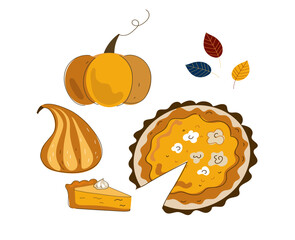 A set of vector doodle cartoon illustrations on the theme of Autumn pumpkin dishes. Food for Halloween and Thanksgiving parties. Autumn Food and pumpkin desserts.