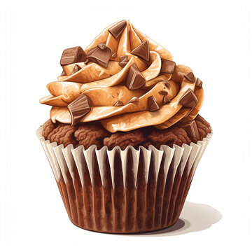 Illustration of a chocolate cupcake on a white background, Digital painting style