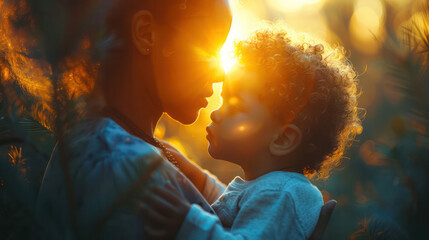 A mother and child are embracing each other in a field of flowers. The sun is setting in the background, casting a warm glow over the scene. Concept of love and warmth between the two - Powered by Adobe