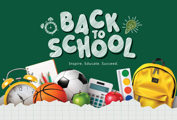Back to school text vector template design. Back to school greeting in green space with backpack, soccer ball, alarm clock, calculator and water color elements in paper cut box. Vector illustration 