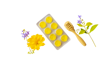 cough sore throat pastille extract herbal honey arrangement flat lay style 