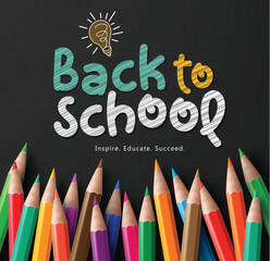 Back to school text vector template design. Back to school greeting with colorful color pencil for arts artistic drawing materials in black background. Vector illustration school back template. 
