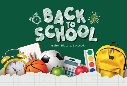 Back to school text vector template design. Back to school greeting in green space with backpack, soccer ball, alarm clock, calculator and water color elements in paper cut box. Vector illustration 