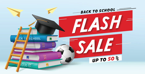 School flash sale text vector banner design. Back to school 50% off discount shopping promo with educational items, elements and materials for promotion advertisement design. Vector illustration 