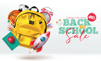 Back to school sale vector banner design. Back to school limited time offer text with 50% discount price for shopping educational supplies and items. Vector illustration school sale promo banner.
