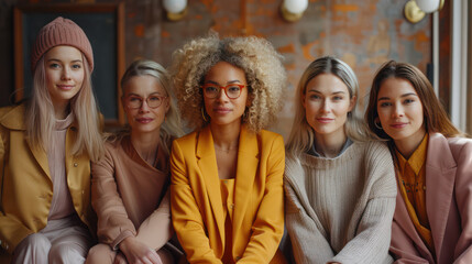 A group of women with different hair colors and styles pose for a photo. Scene is one of unity and diversity, as the women come together.