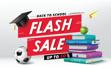 Back to school sale vector banner design. Back to school flash sale with 50% off discount offer for educational items and materials shopping promotion. Vector illustration school sale banner. 
