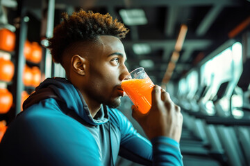 A dedicated athlete replenishes with a nutritious vegan smoothie after a rigorous workout session at the gym.