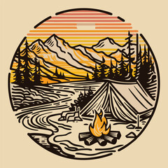 
monoline illustration of a serene mountain morning camping scene for various printing applications, such as t-shirts, stickers, or any other merchandise
