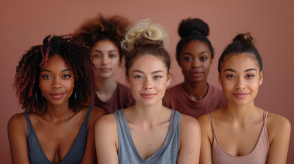 Obraz premium A group of women with different hair colors and styles are posing for a photo Scene is happy and friendly, as the women are posing together and enjoying each other's company