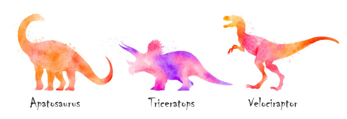 Apatosaurus, Triceratops, Velociraptor dinosaurs . Colorful silhouette watercolor painting style . Set 3 of 5 . Illustration .