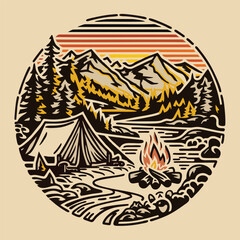 
monoline illustration of a serene mountain morning camping scene for various printing applications, such as t-shirts, stickers, or any other merchandise