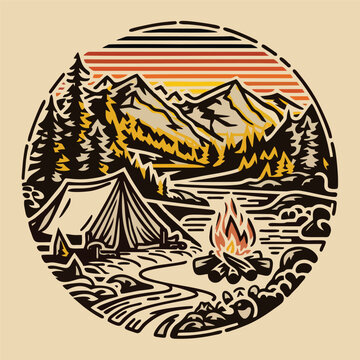recommend clip art: 
                    monoline illustration of a serene mountain morning camping scene for various printing applications, such as t-shirts, stickers, or any other merchandise