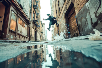 In a deserted alley, parkour practitioners leap and vault, their movements fluid and agile against urban obstacles.
