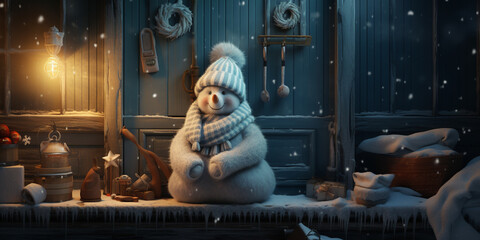 A frosty snowman in a sauna clutching a towel