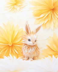 Obraz premium A fluffy rabbit sitting beside an origami garden close-up on its contemplative gaze towards a paper sunflower