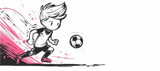 Fototapeta premium A simple line drawing of a young boy playing soccer on a white background, lots of space for text on the right side.