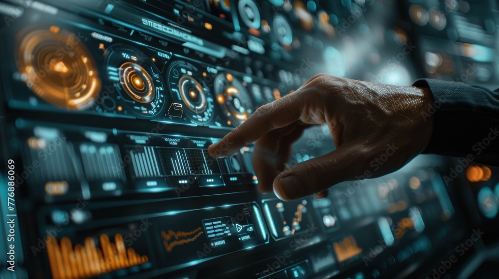 Aufkleber close-up of hands using advanced touchscreen monitors to analyze data and make informed decisions