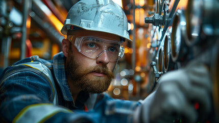 Professional male engineer in safety gear meticulously adjusts complex machinery within an industrial factory setting.