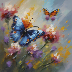 Impressionist oil painting of butterflies and flowers.