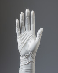 Precision and Protection: Hyper-realistic clay render of a single sterile glove, its texture detailed against a clinical light grey background, emphasizing the balance between precision in medical tas