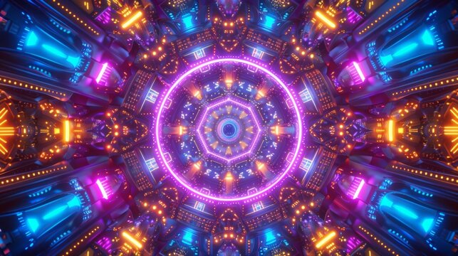 A kaleidoscope of colorful patterns is illuminated by neon lights.