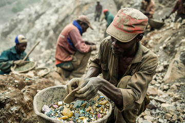 Gemstone mining techniques: Miners in remote locations, equipped with traditional tools, searching for elusive gemstones in rugged terrain