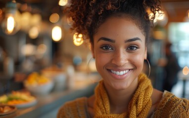 A woman with a yellow scarf is smiling at the camera. She is in a restaurant with a variety of food on the tables