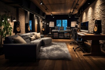 A recording studio concept, A recording studio with rustic wood and exposed brick aesthetic,...