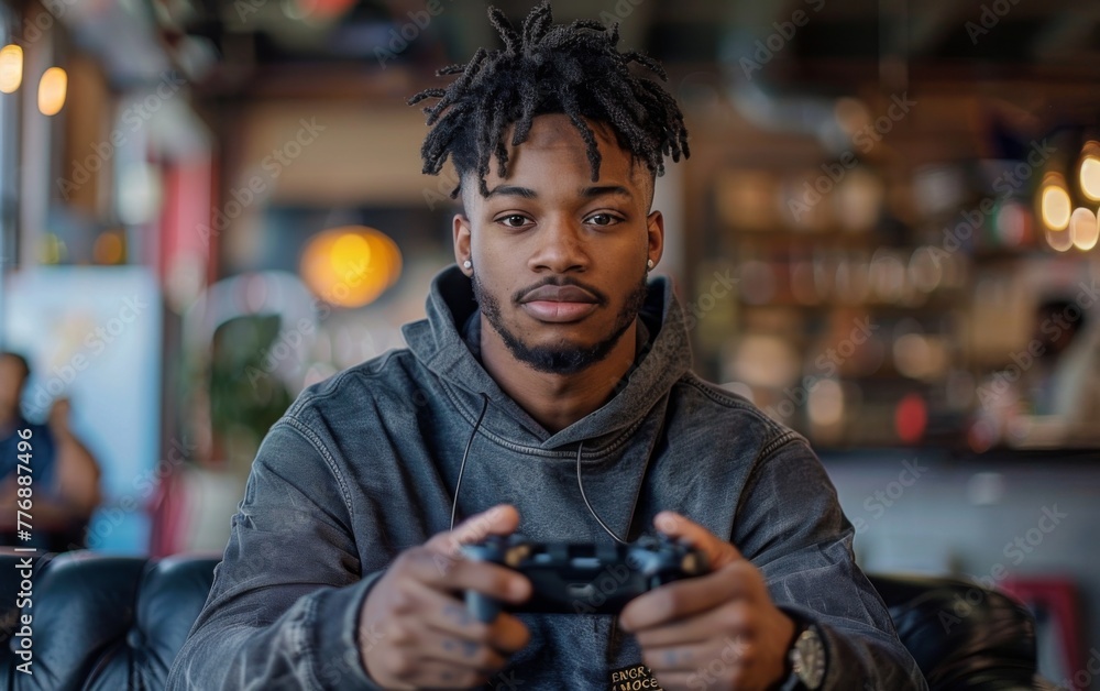 Poster a man with dreadlocks is playing a video game. he is wearing a hoodie and holding a controller