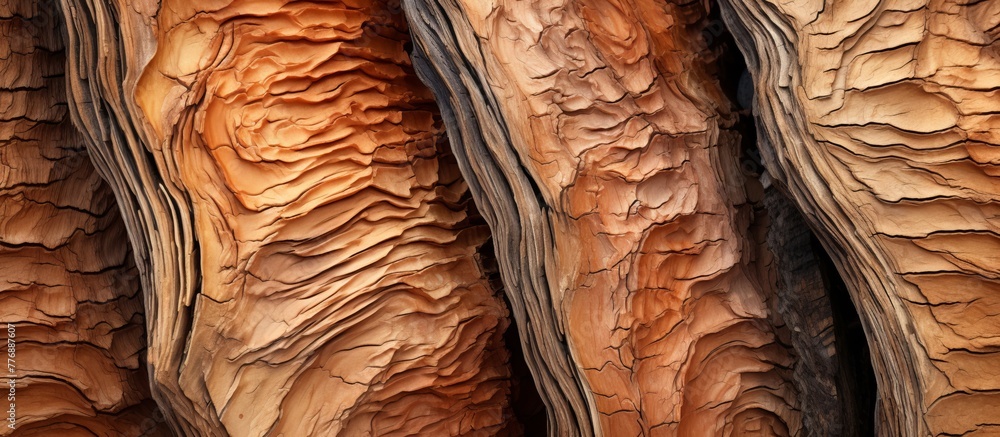 Poster detailed view of a tree trunk showing the rough texture of the bark and natural patterns, highlighti