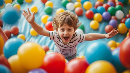 Fototapeta na wymiar happy kid jumping in balls pool, AI Generative
