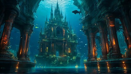 In the eerie depths of the ocean, a vibrant yet decaying underwater city sparkles with ghostly lights and shimmers of opulence. - obrazy, fototapety, plakaty