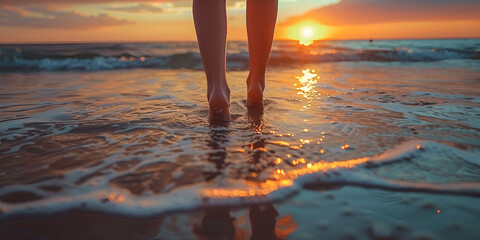 sunset in the sea, close-up of girl foot, generative ai