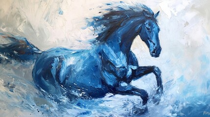 Original abstract oil painting of a beautiful blue horse running.Modern Impressionism.Painting is related to year 2014-year of the blue horse . - obrazy, fototapety, plakaty