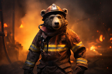 A bear in a fireman's outfit is standing in front of a fire