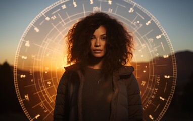 A woman with curly hair stands in front of a circle with numbers on it. The image has a futuristic and mysterious vibe, with the woman's presence and the circle's design creating a sense of intrigue