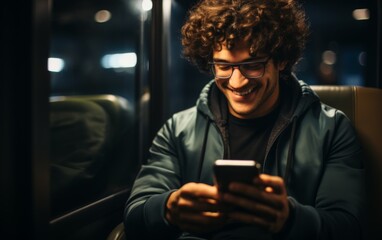 A man is sitting on a bus and smiling while looking at his cell phone. Concept of relaxation and enjoyment as the man takes a break from his daily routine to engage with his phone